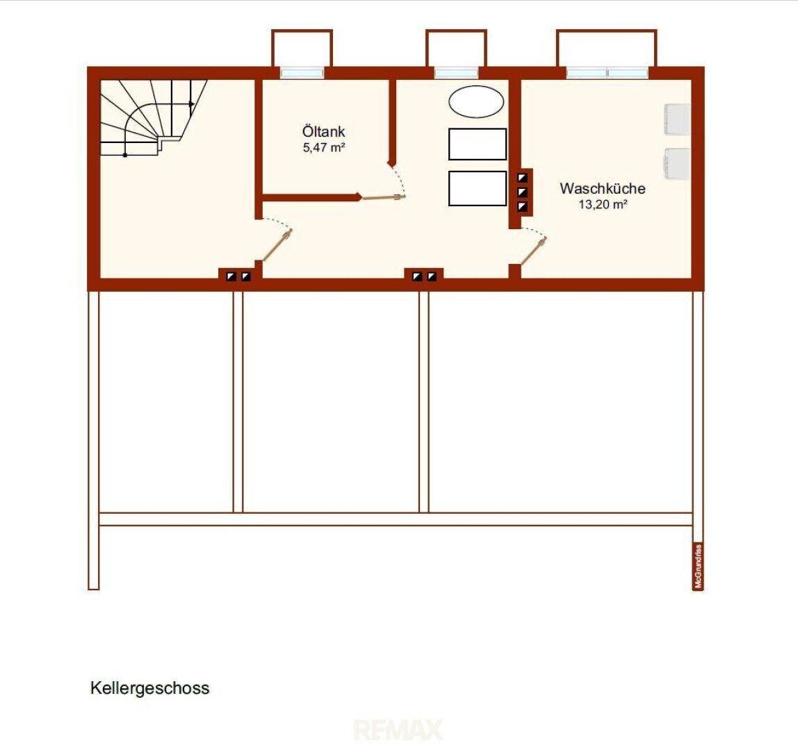 Grundriss des Kellergeschosses mit Öltankraum und Waschküche.