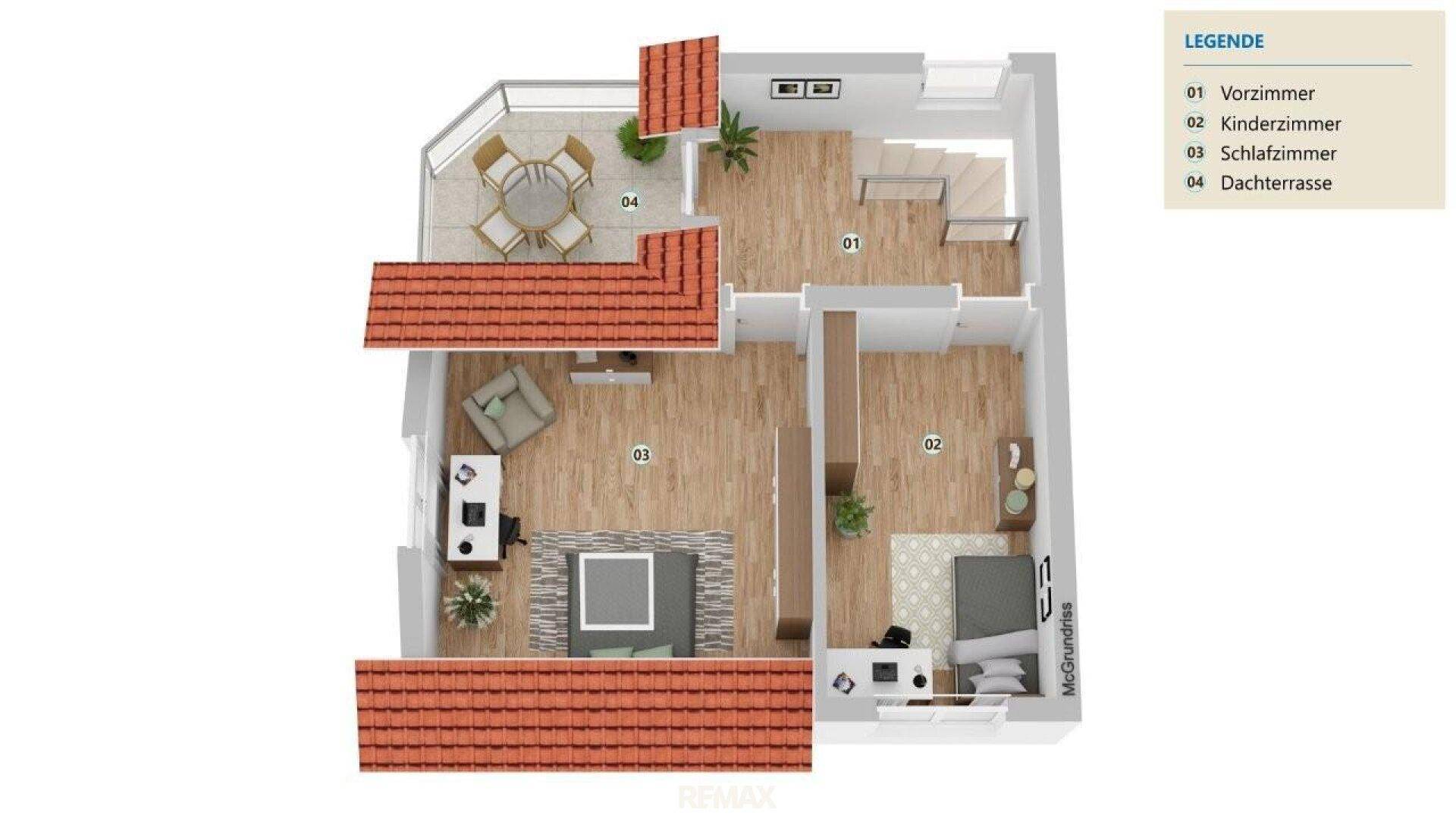 Grundriss des Obergeschosses mit Schlafzimmern, Kinderzimmer und Zugang zu einer Dachterrasse.