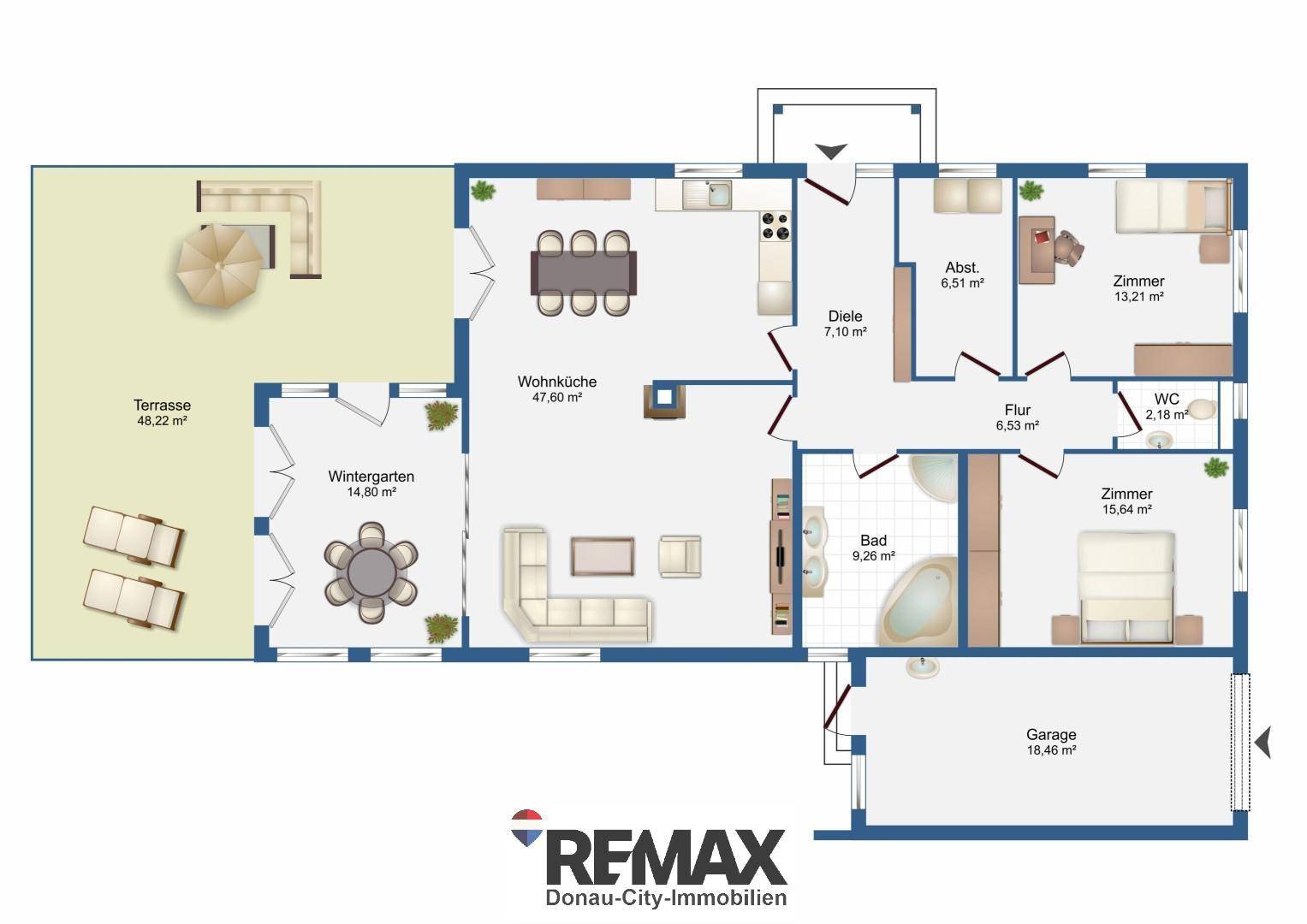 Detaillierter Grundriss des Hauses mit Terrasse, Wintergarten und Garage.