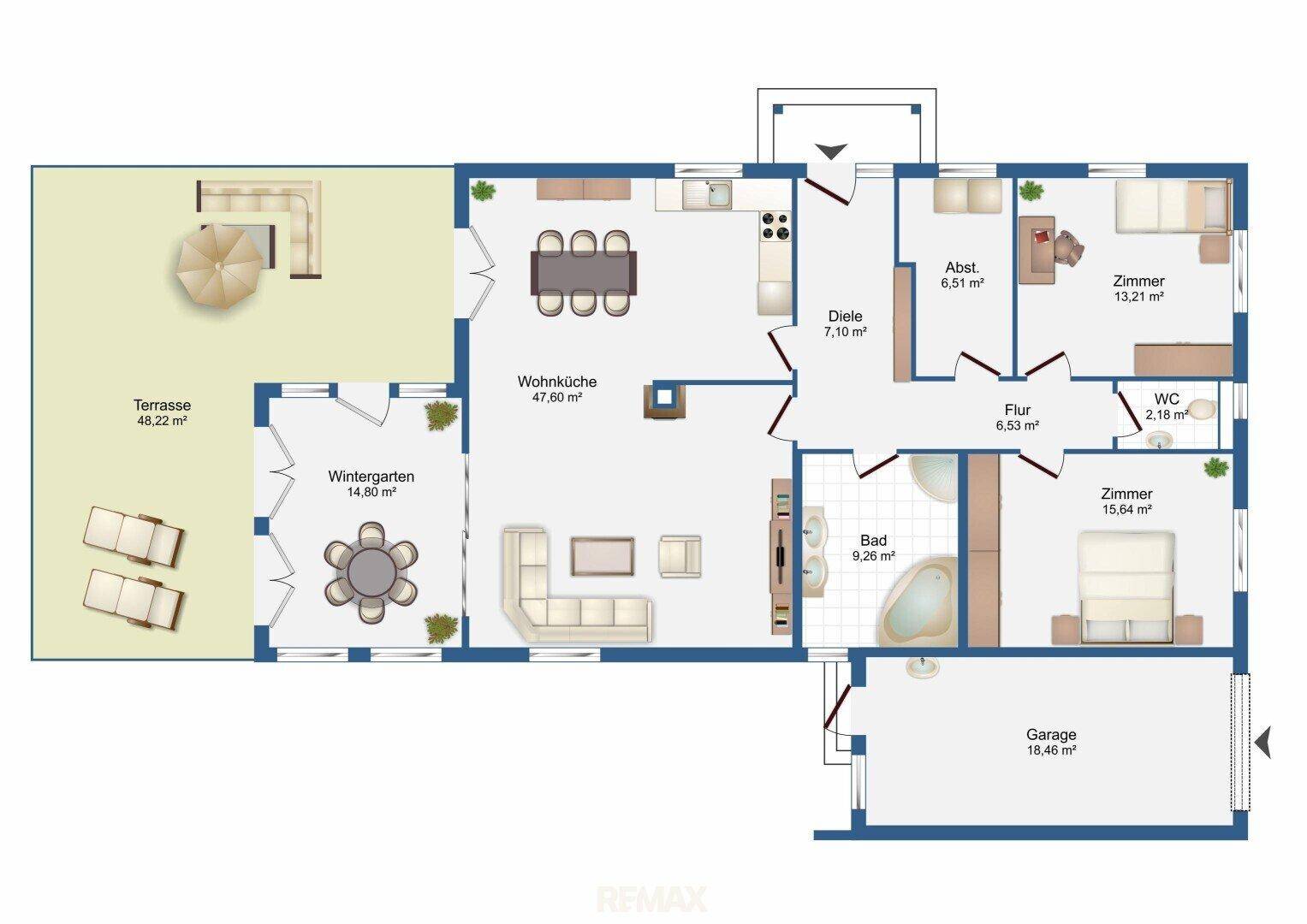 Detaillierter Grundriss des Hauses mit Terrasse, Wintergarten und Garage.
