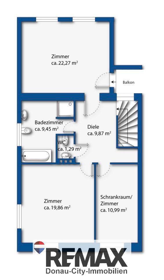 Grundriss des Obergeschosses mit zwei Zimmern, Badezimmer, WC und Balkon.