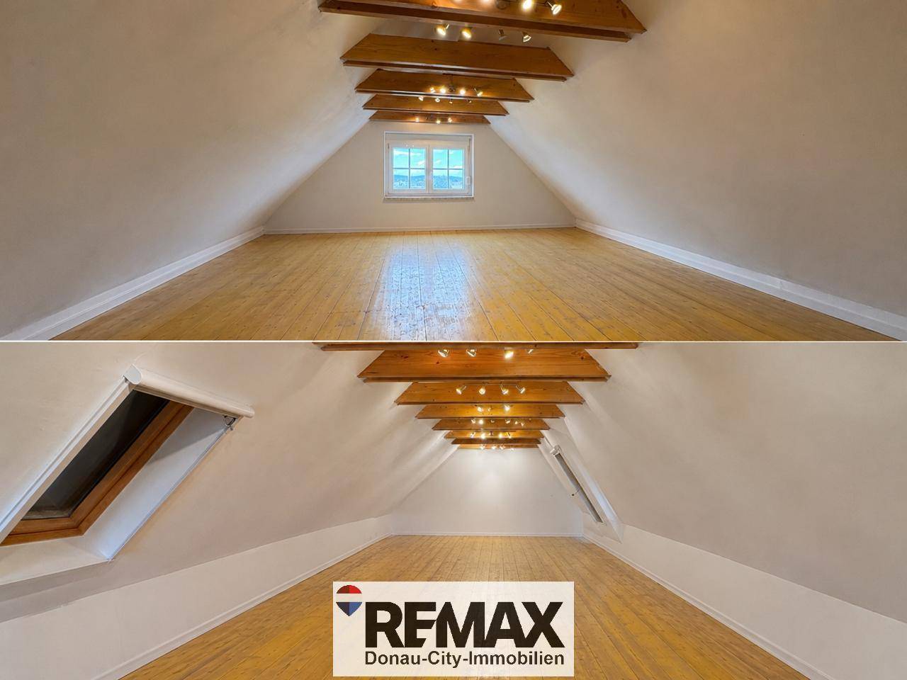 Ausgebautes Dachgeschoss mit Holzbalken, Dachfenstern und hellem Holzboden.