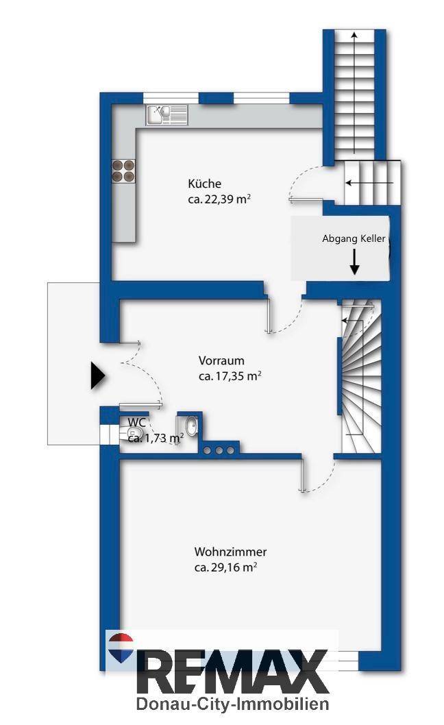 Grundriss des Erdgeschosses mit Küche, Wohnzimmer, Vorraum und WC.