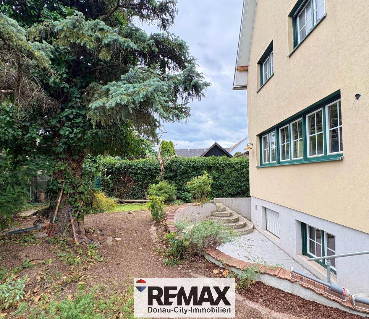 Gartenbereich neben dem Haus mit Bäumen, Sträuchern und Treppenabgang zum Kellergeschoss.