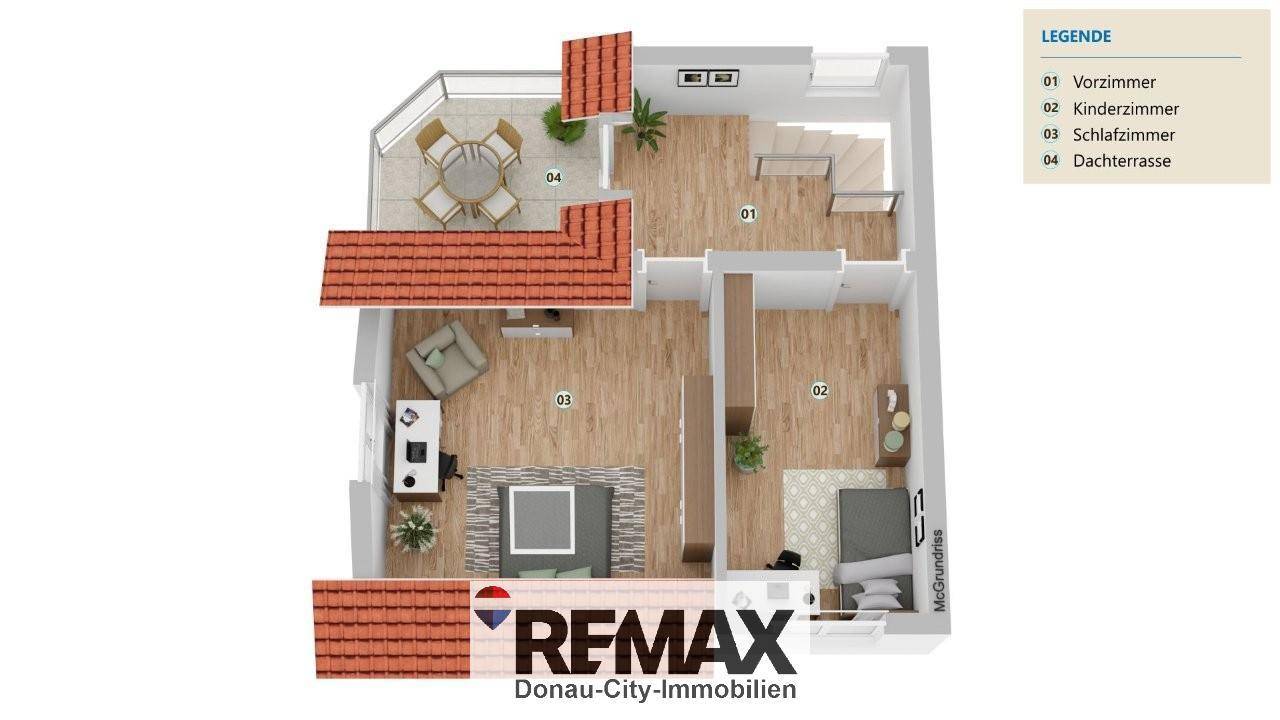 Grundriss des Obergeschosses mit Vorzimmer, Kinderzimmer, Schlafzimmer und einer Dachterrasse.