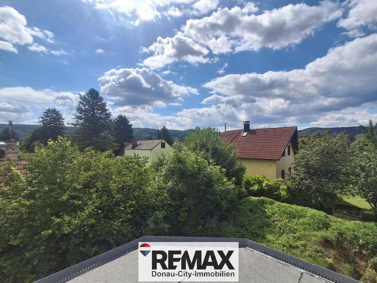 Weitläufiger Blick über grüne Bäume und Dächer der Nachbarhäuser unter blauem Himmel.