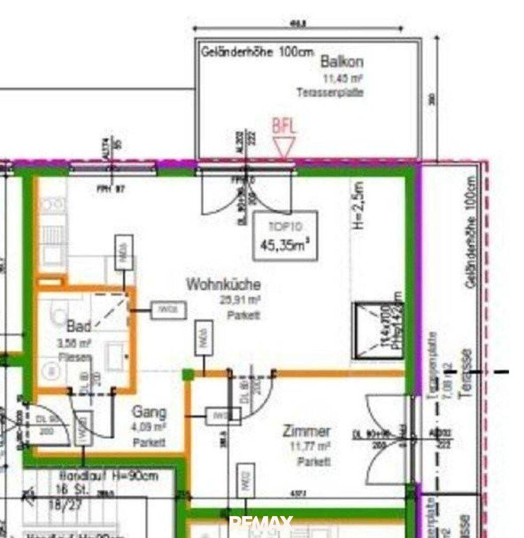 Grundriss einer Wohnung mit Wohnküche, Bad, Zimmer und Balkon/Terrasse.