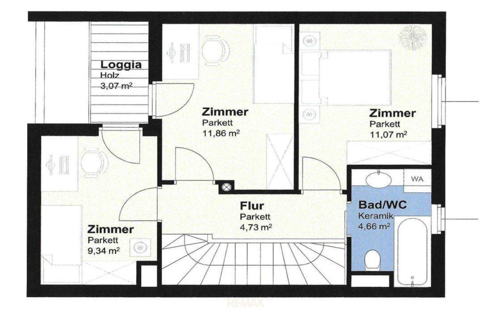 Detaillierter Grundrissplan mit drei Zimmern, einem Bad, Flur und einer Loggia. Alle Wohnräume verfügen über Parkettboden.