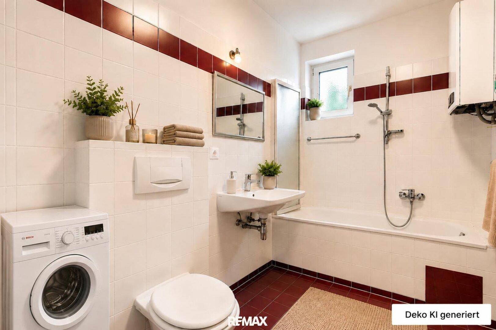 Helles Badezimmer mit Badewanne, WC, Waschbecken und Waschmaschine, dekoriert.