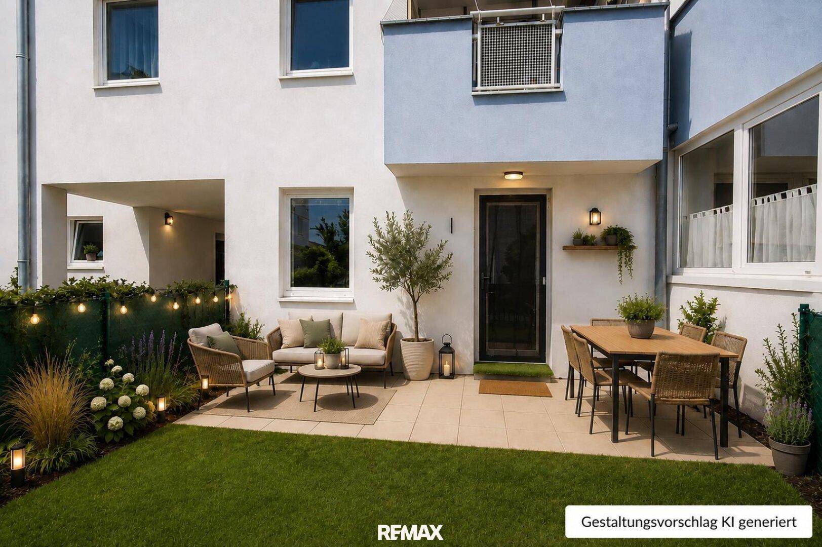 Einladende Terrasse mit Gartenmöbeln und Rasenfläche, umgeben von Pflanzen und Lichterketten.