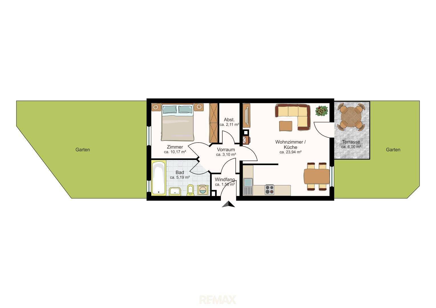 Grundriss einer Wohnung mit Schlafzimmer, Wohnküche, Bad und Terrasse mit Garten.