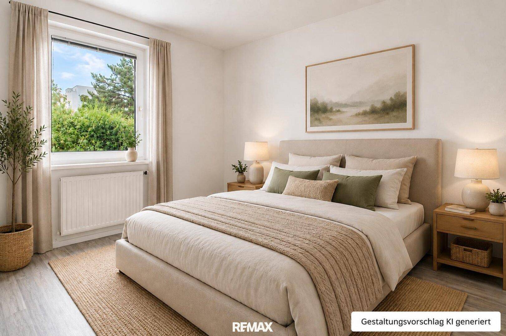 Gemütliches Schlafzimmer mit Doppelbett, Nachttischen und Blick ins Grüne durch das Fenster.