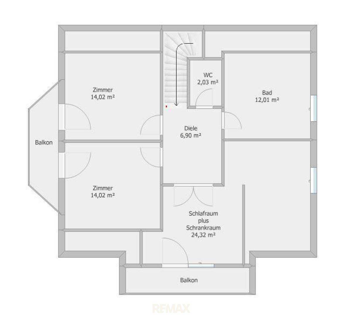 Grundriss des Obergeschosses mit Schlafzimmern, Bädern, WC und zwei Balkonen.