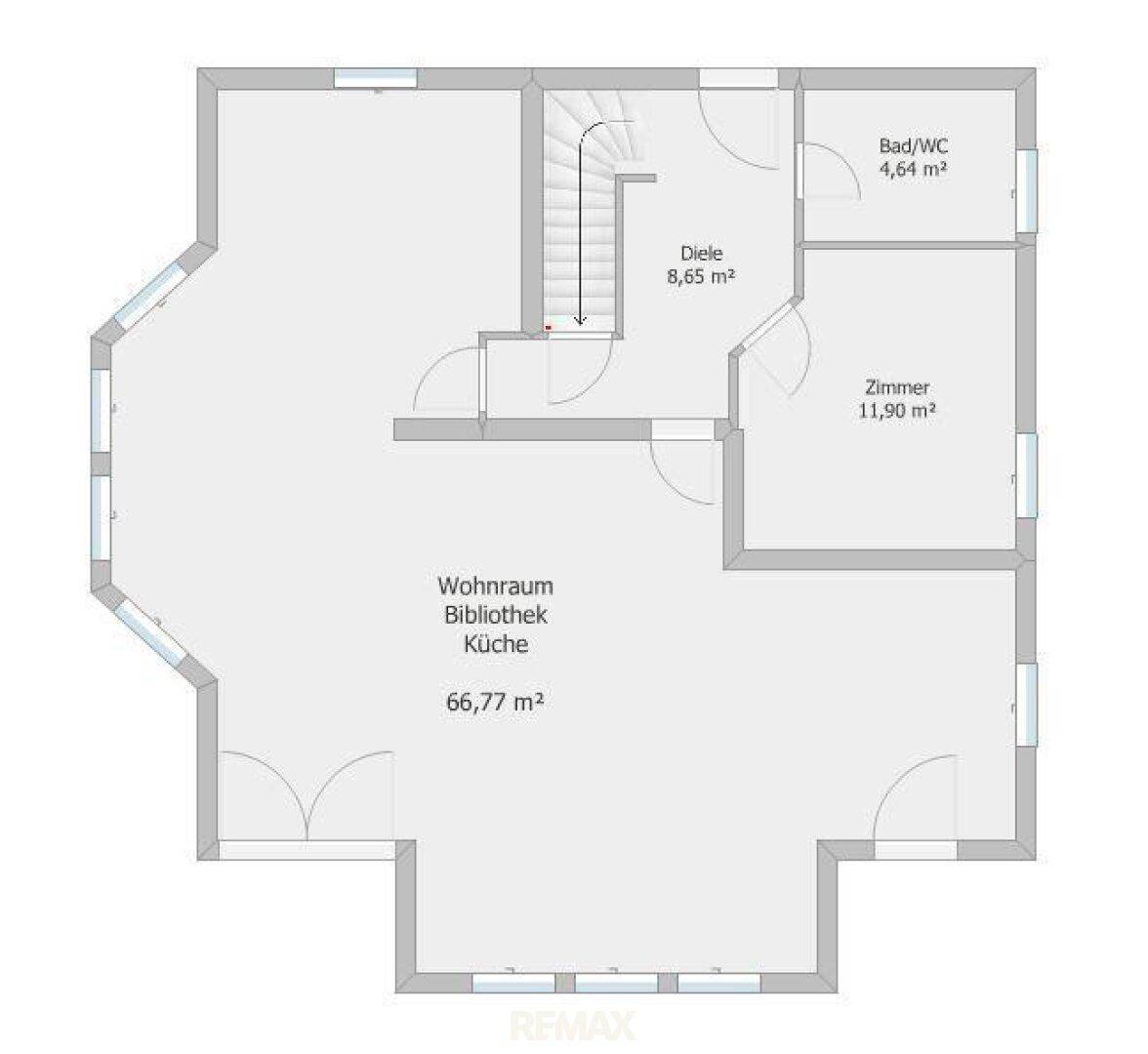 Grundriss des Erdgeschosses mit großem Wohnraum, Bibliothek und Küche sowie Bad/WC.
