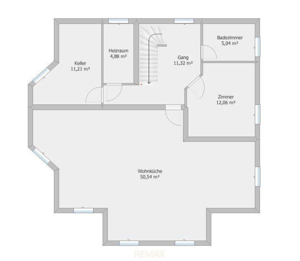 Grundriss des Erdgeschosses mit Wohnküche, Keller, Heizraum und Badezimmer.