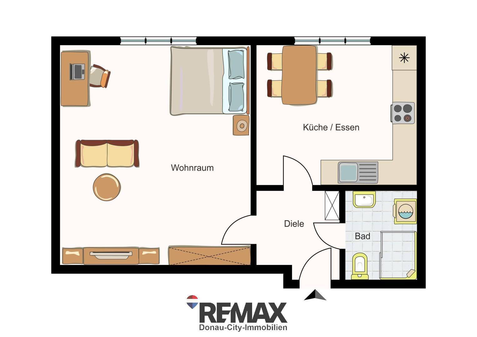 Grundriss einer Wohnung mit Wohnraum, Küche/Essbereich, Diele und Bad.