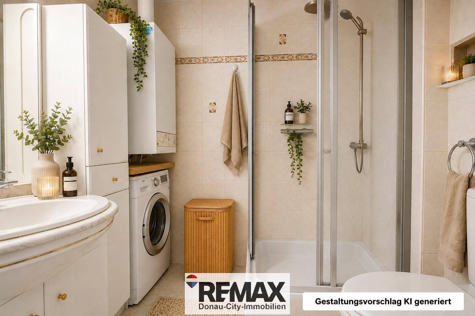 Badezimmer mit Dusche, Waschbecken, Toilette und Waschmaschine als Gestaltungsvorschlag.