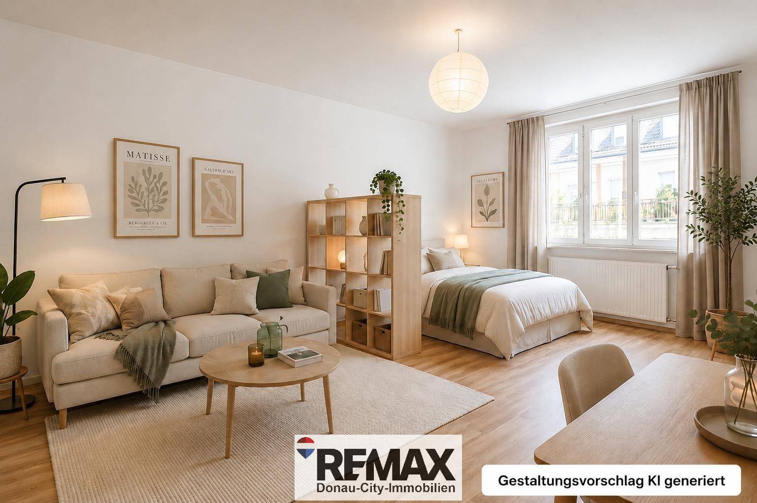 Heller Wohnbereich mit Sofa, Regal als Raumteiler und Bett im Hintergrund als Gestaltungsvorschlag.