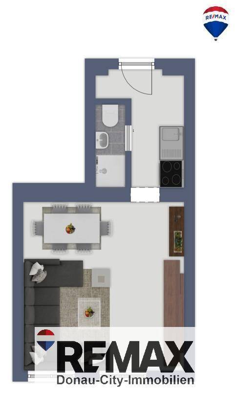 Grundriss einer Wohnung mit offenem Wohnbereich, Schlafzimmer und separatem Bad.
