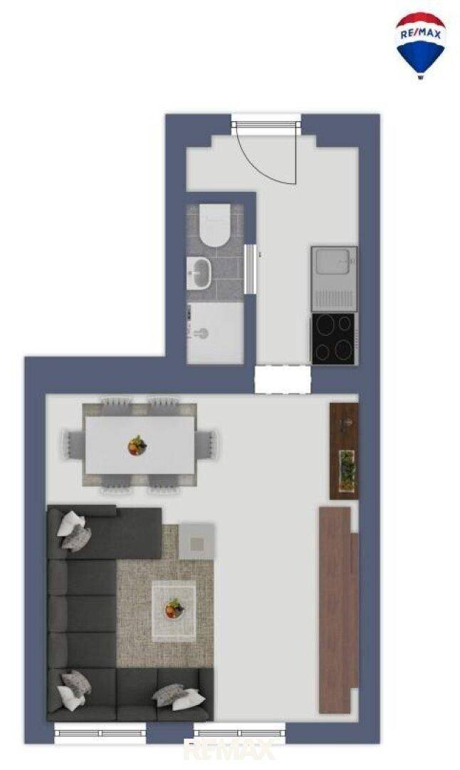 Grundriss einer Wohnung mit offenem Wohnbereich, Essbereich und separatem Bad.
