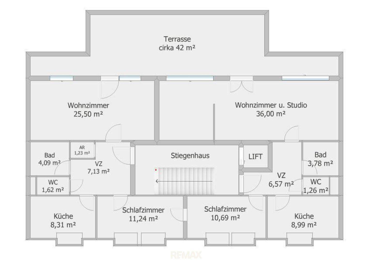 Grundriss einer Wohnung mit Terrasse, Wohnzimmern, Schlafzimmern, Bädern und Küchen.