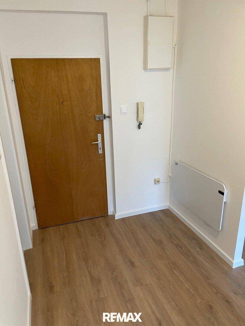 Eingangsbereich mit Holztür, Laminatboden und einer Gegensprechanlage an der weißen Wand.