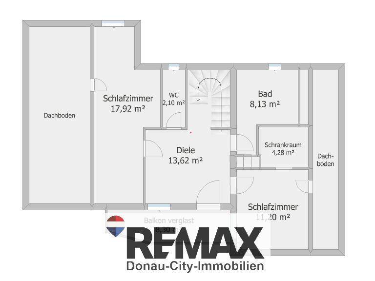 Grundriss des Obergeschosses mit Schlafzimmern, Bad, separatem WC und Schrankraum.