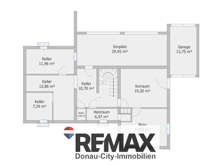 Grundriss des Untergeschosses mit Kellerräumen, Heizraum, Büro und Garage.