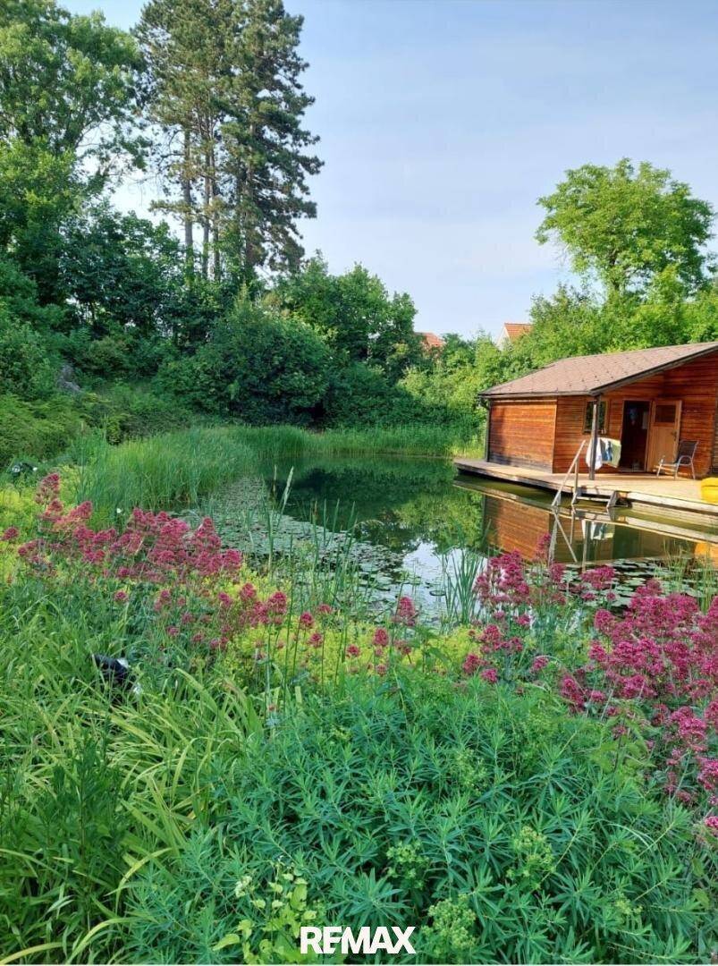 Malerischer Teich mit blühenden Pflanzen und einem charmanten Holzhaus am Ufer unter sommerlichem Himmel.