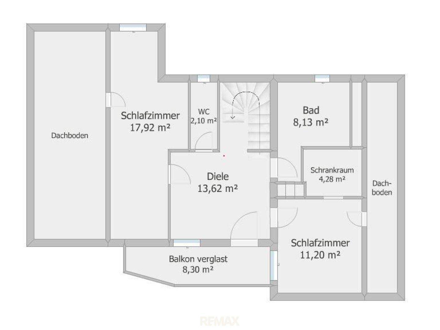 Grundriss des Obergeschosses mit zwei Schlafzimmern, Bad, WC und verglastem Balkon.