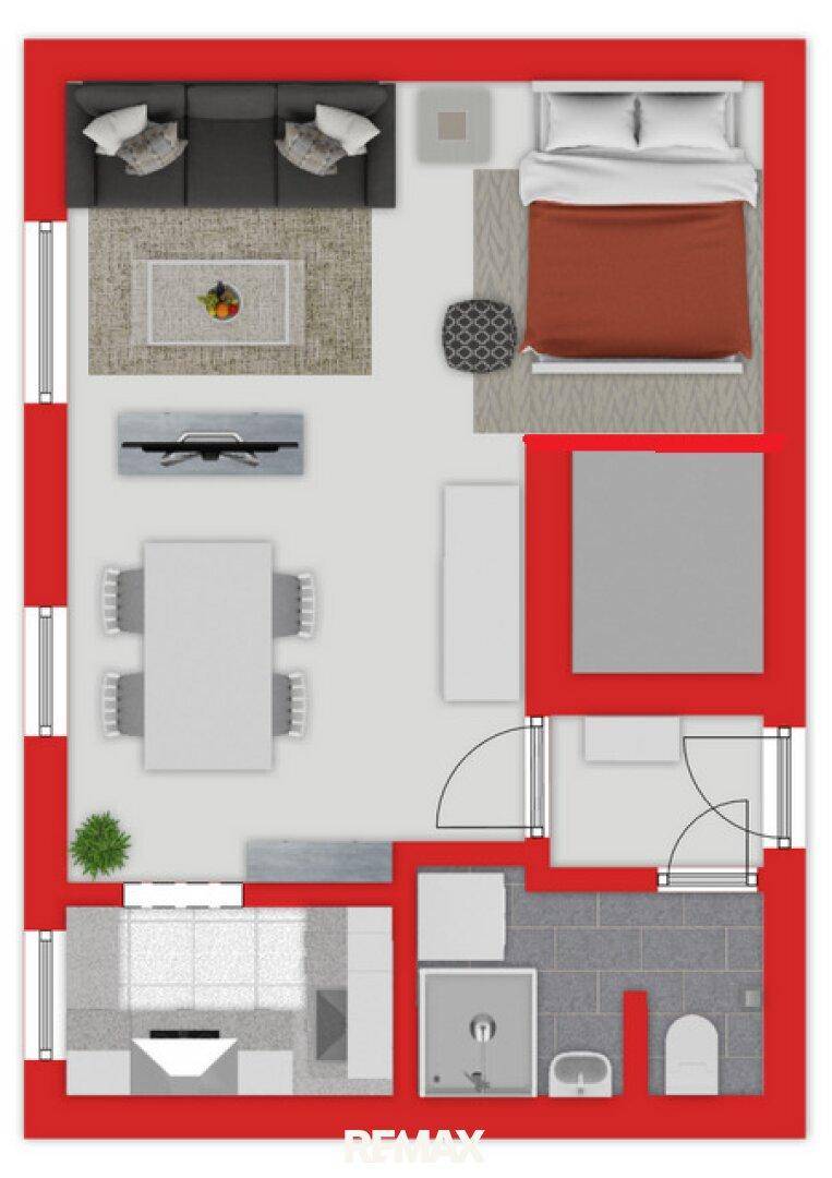 Grundriss einer Wohnung mit Wohn-, Schlaf-, Ess- und Küchenbereich.