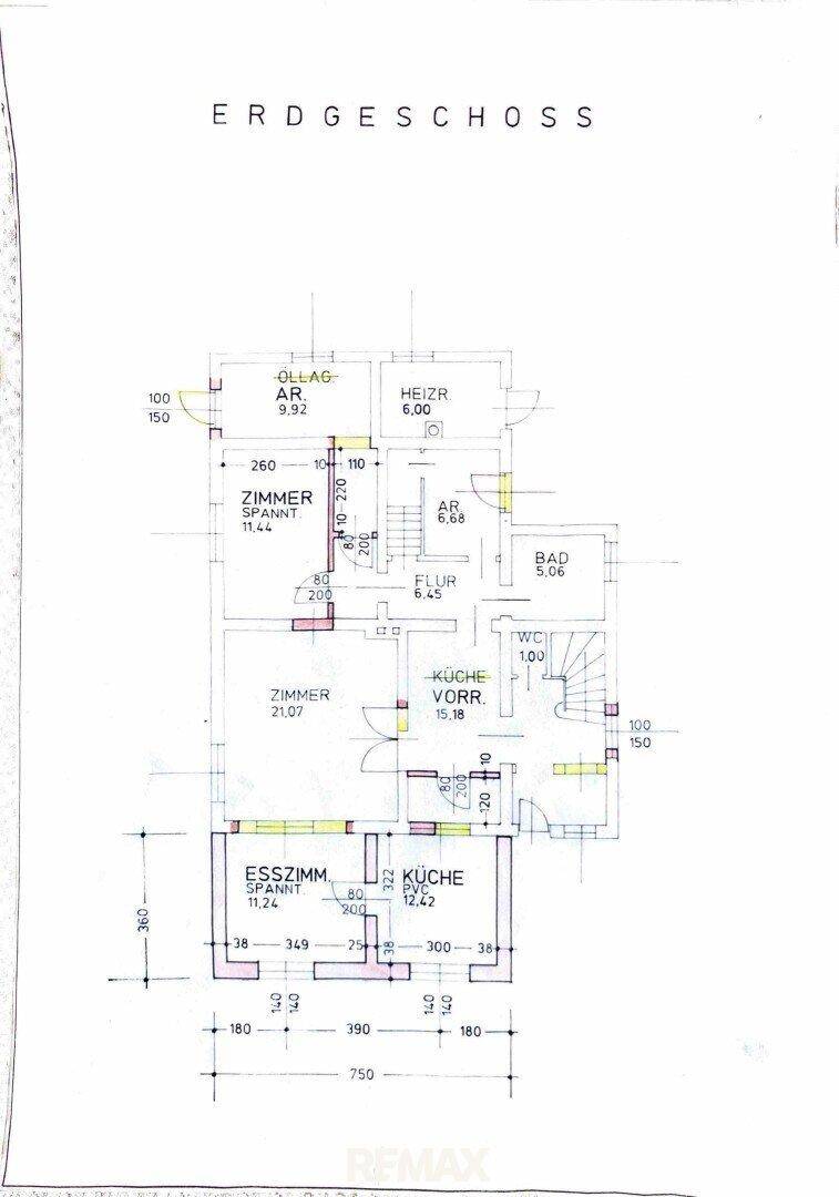Grundriss des Erdgeschosses mit Zimmern, Küche, Bad und WC.