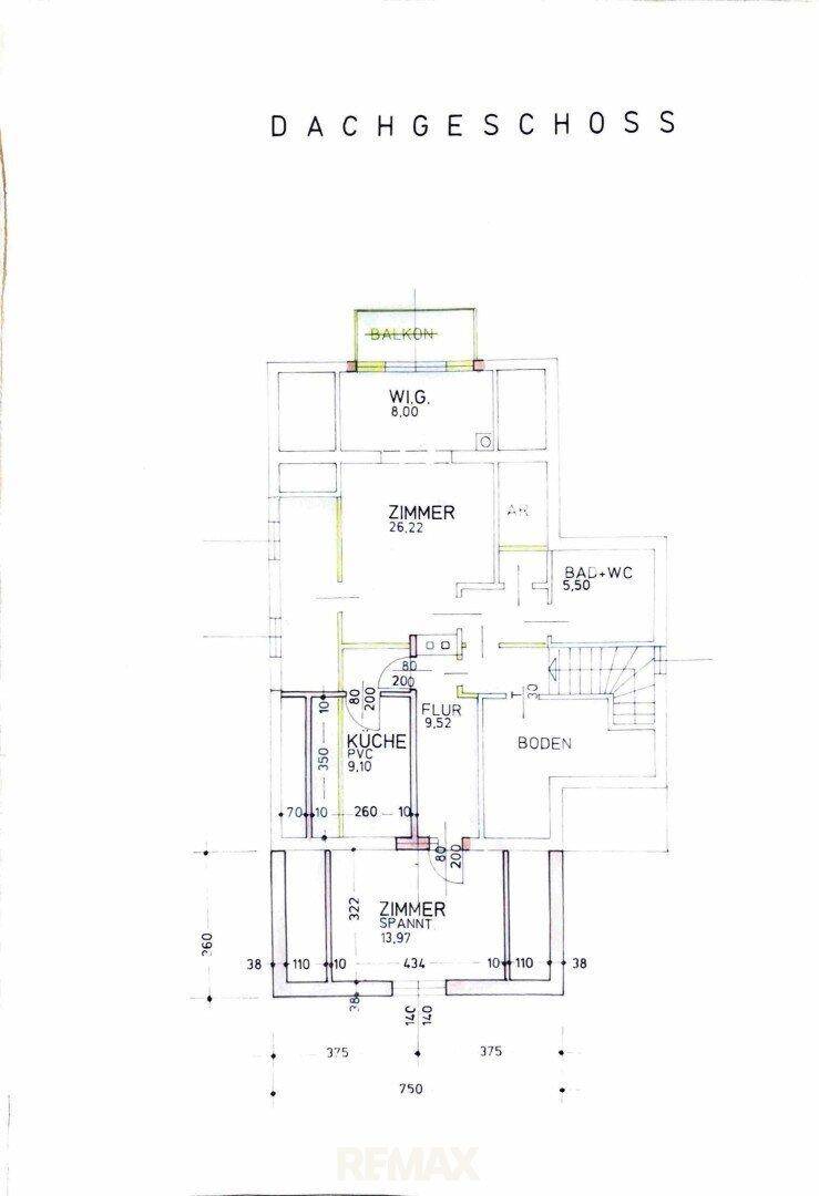 Grundriss des Dachgeschosses mit Zimmern, Bad, WC und Balkon.
