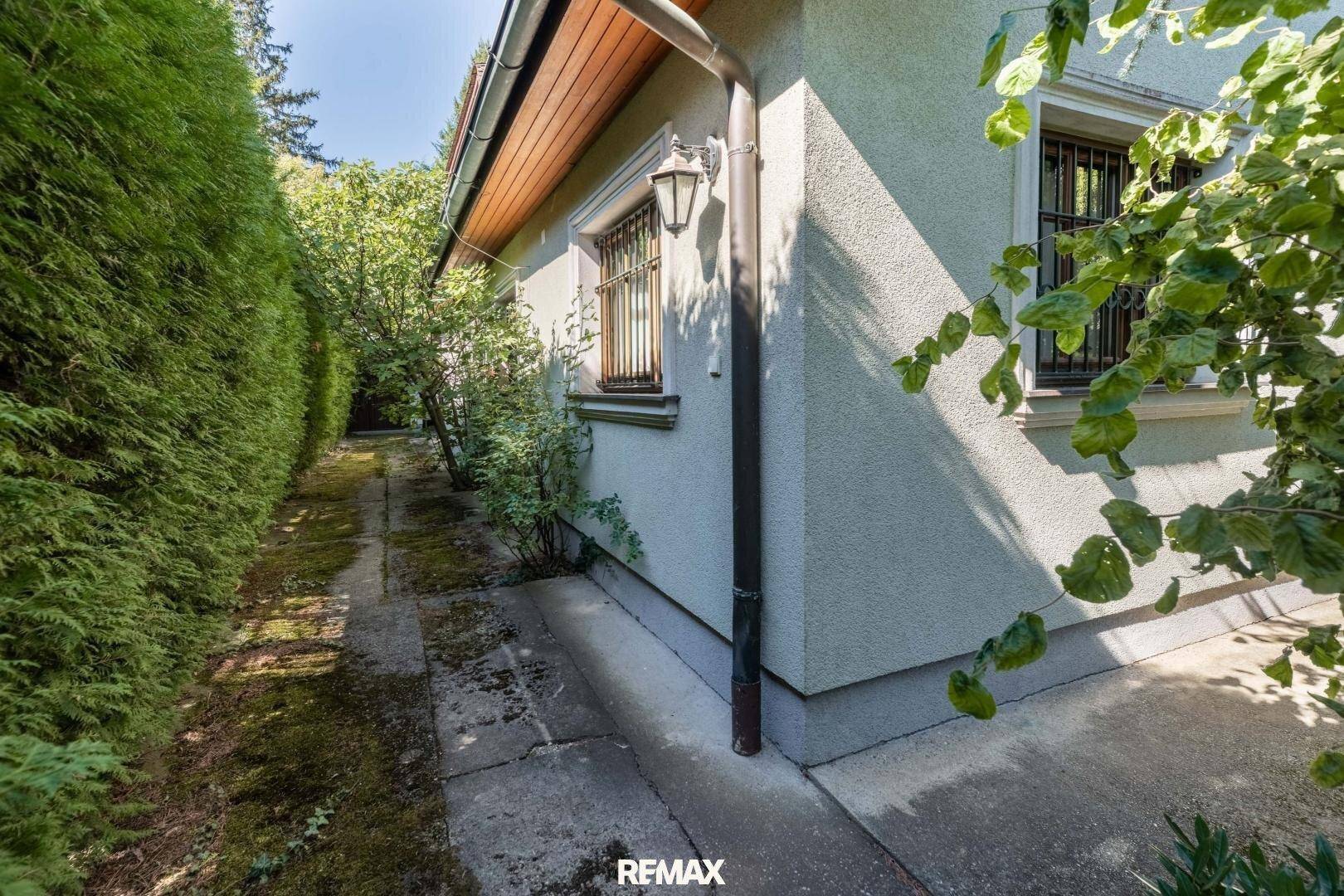 Seitenansicht des Hauses mit heller Fassade, schmalem Weg und hoher Hecke.