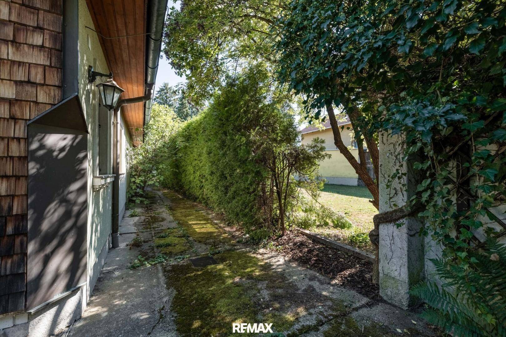 Seitenansicht des Hauses mit Holzschindelfassade, Zufahrt und hoher Hecke.