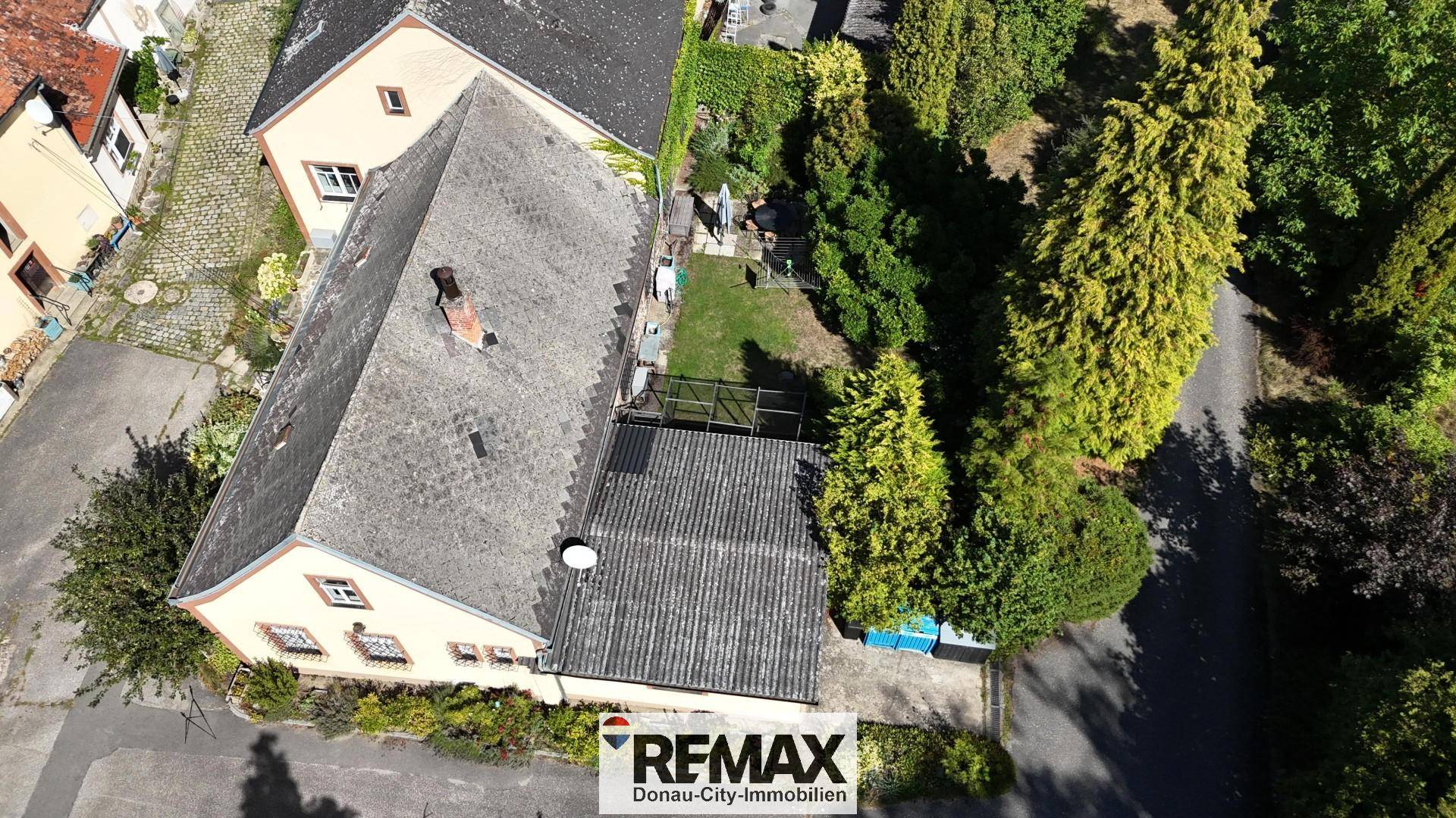 Vogelperspektive des Hauptgebäudes mit Gartenbereich und umliegenden Bäumen in ländlicher Umgebung.