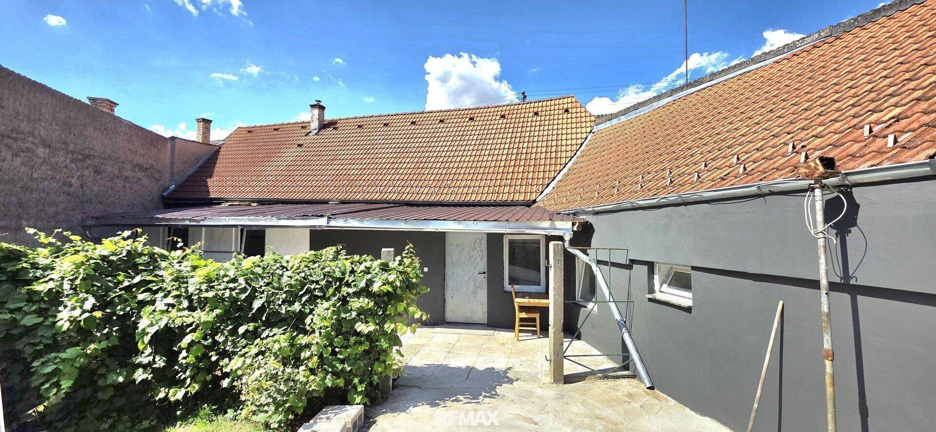 Hinterhofbereich des Hauses mit gepflastertem Weg und einer grünen Hecke.