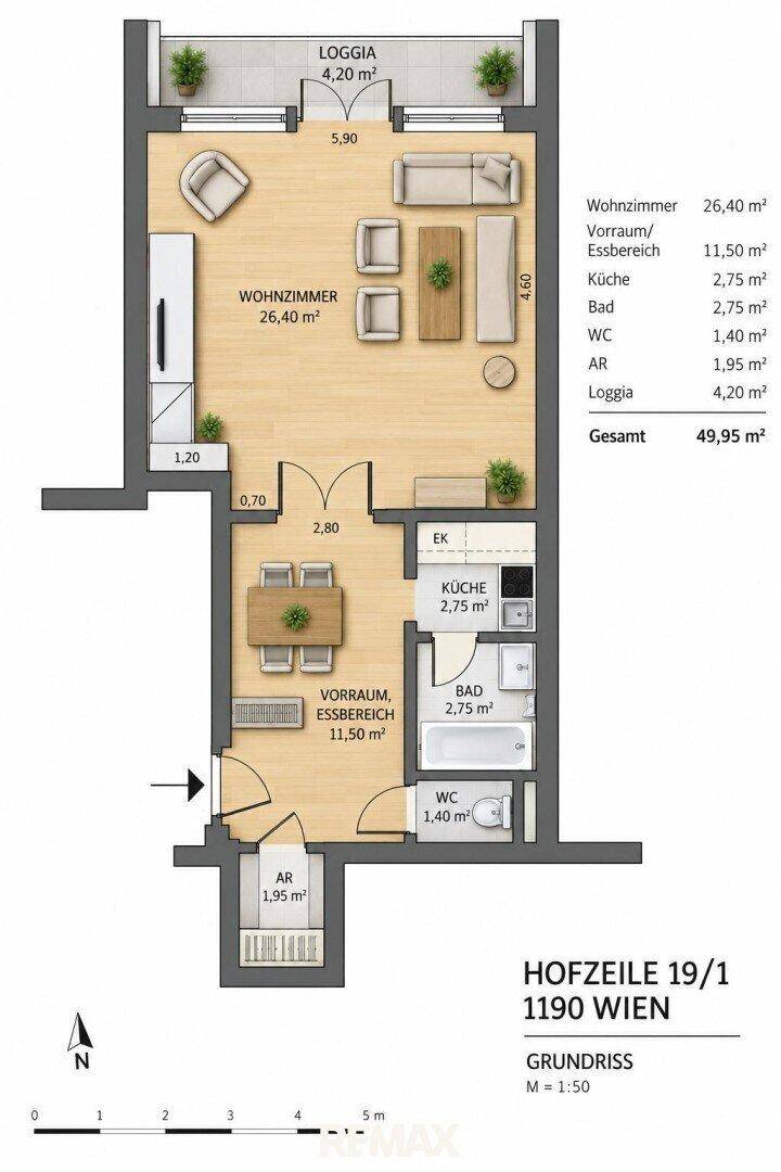 Grundriss der Wohnung mit Loggia, Wohnzimmer und separater Küche.