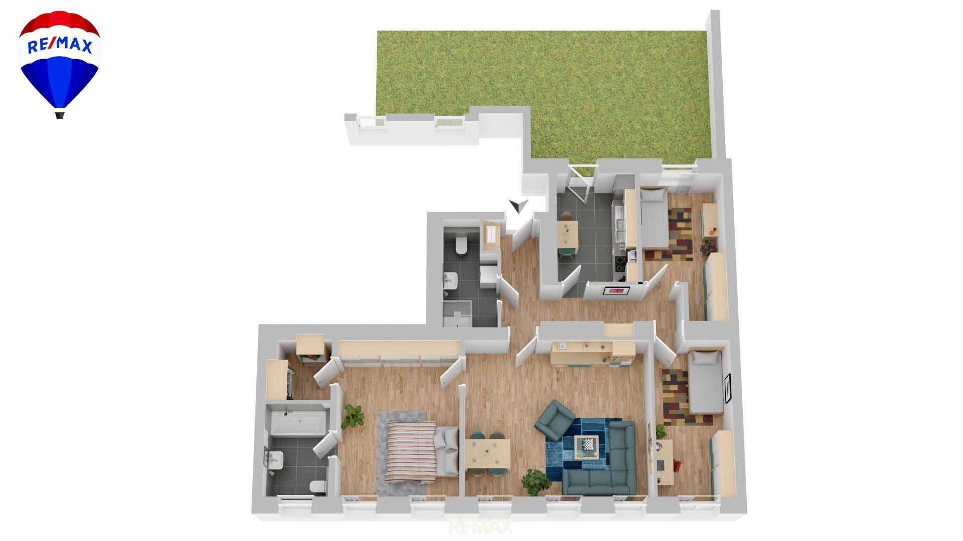 Detaillierter Grundriss einer Wohnung mit Möblierung, zeigt die Raumaufteilung und Nutzungsmöglichkeiten.