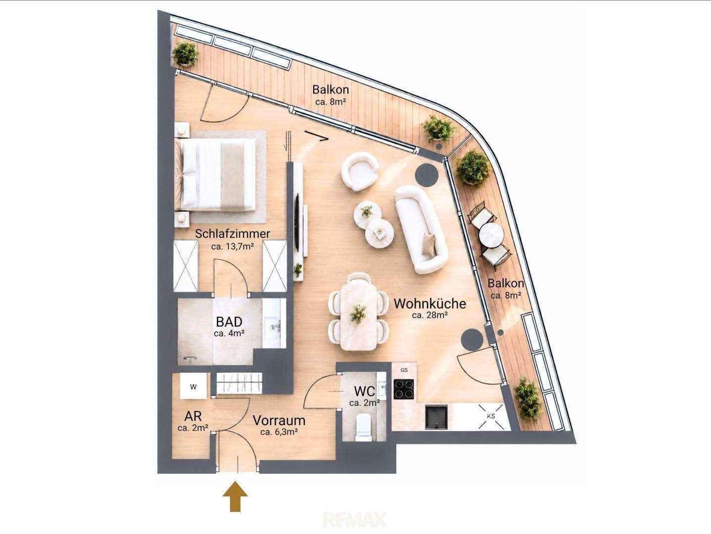 Grundriss einer Wohnung mit Schlafzimmer, Wohnküche, Bad und zwei Balkonen.