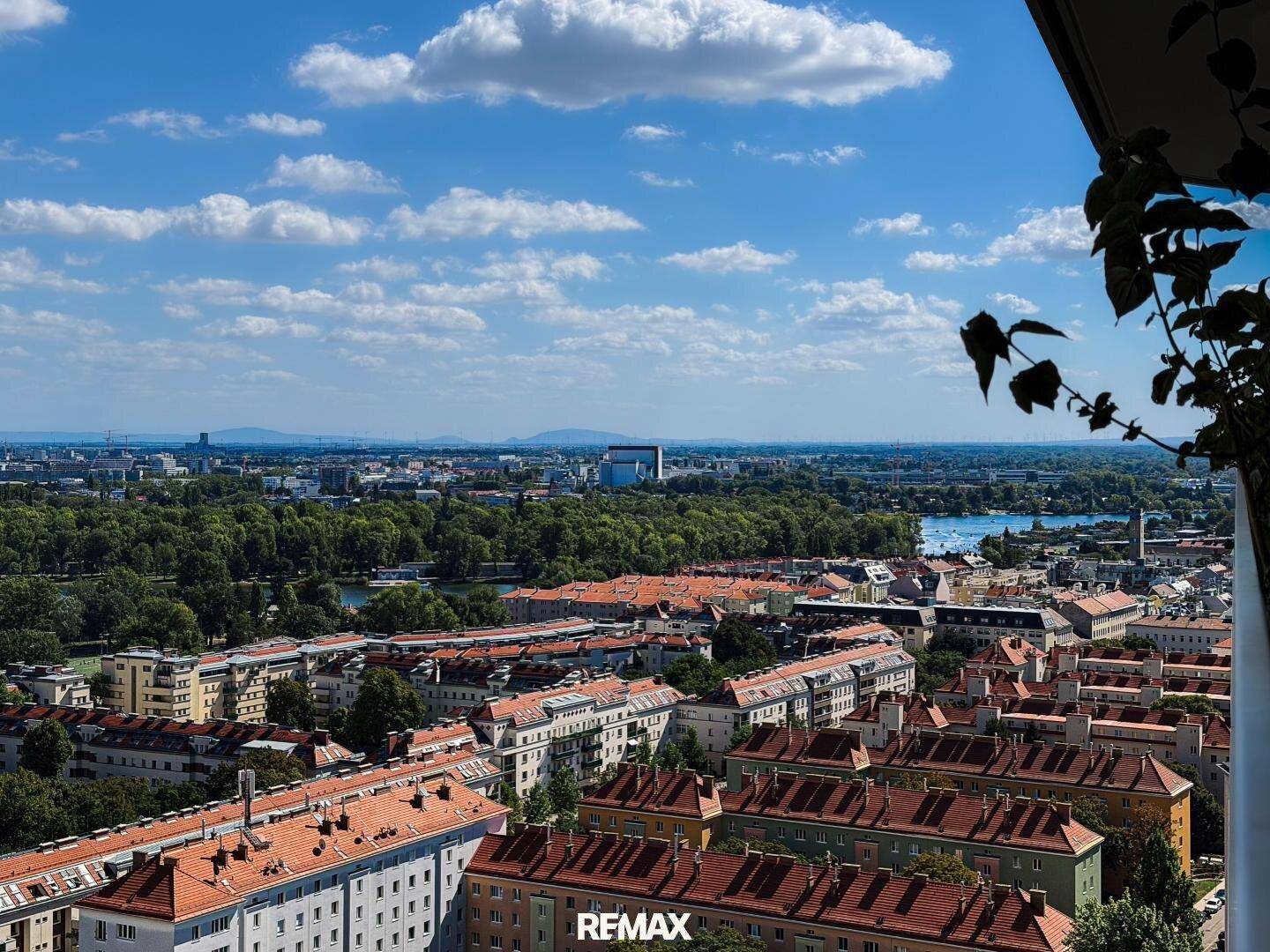 Panoramablick auf grüne Parkanlagen, Fluss und Wohngebäude mit roten Dächern.
