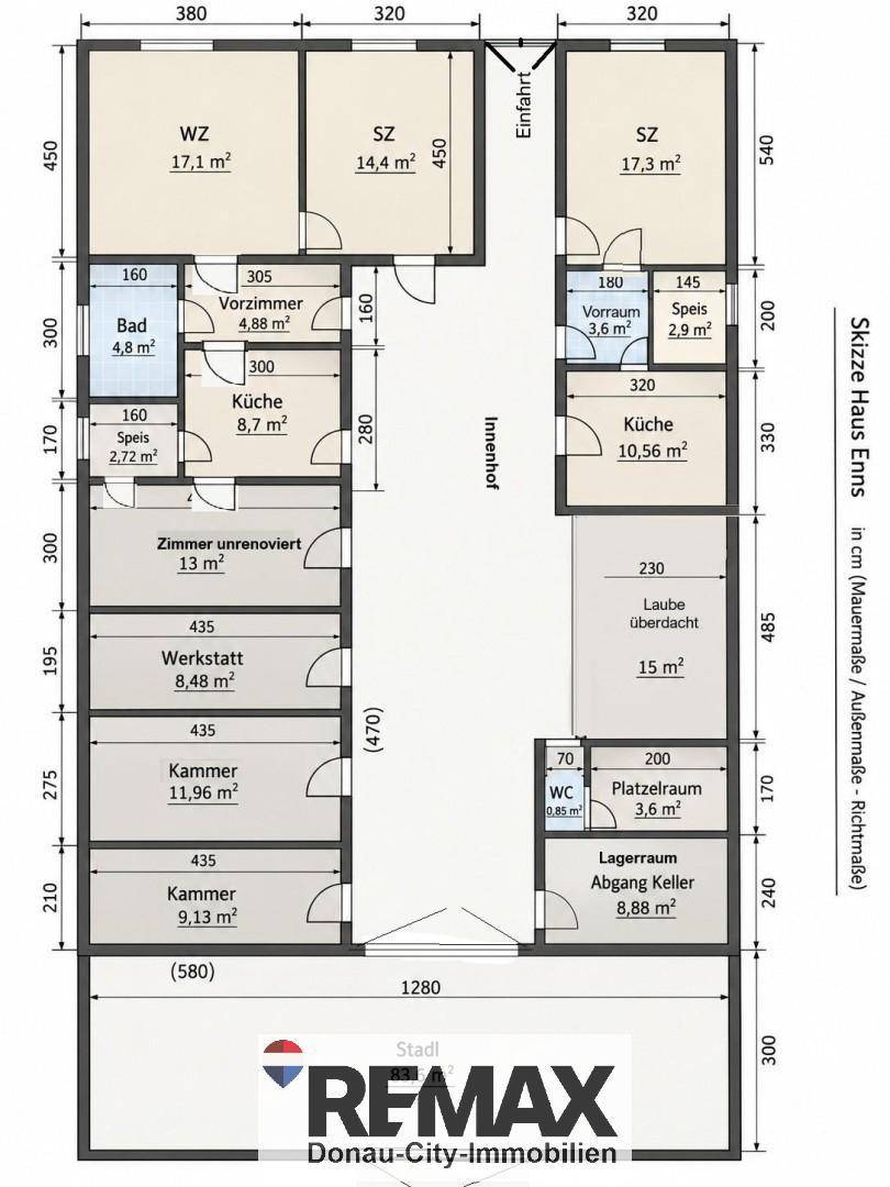 Detaillierter Grundriss des Hauses mit Zimmeraufteilung und Flächenangaben.