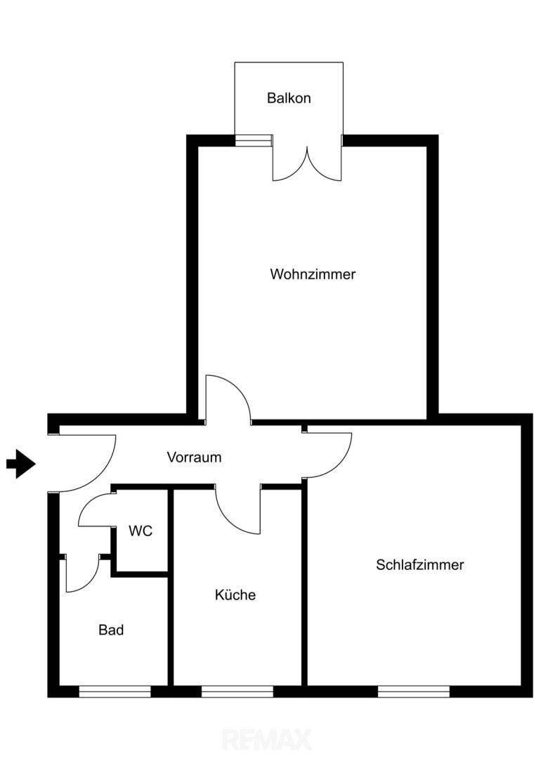 Grundriss einer Wohnung mit Wohnzimmer, Schlafzimmer, Küche, Bad, WC und Balkon.