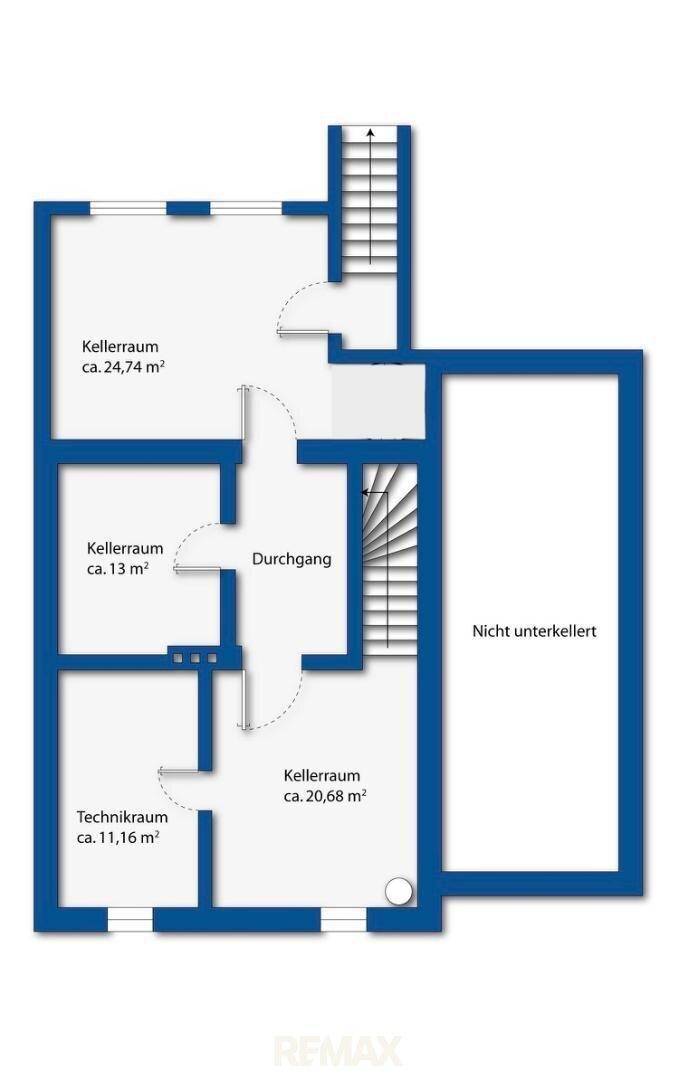Grundriss des Kellergeschosses mit mehreren Kellerräumen und Technikraum.