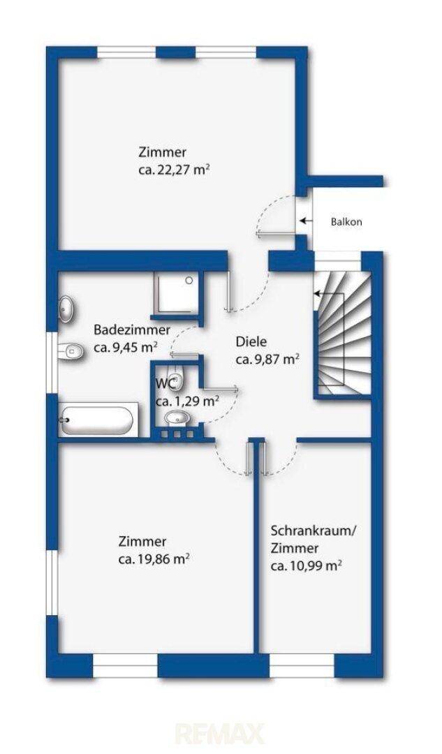 Grundriss des Obergeschosses mit Schlafzimmern, Badezimmer und Balkonzugang.