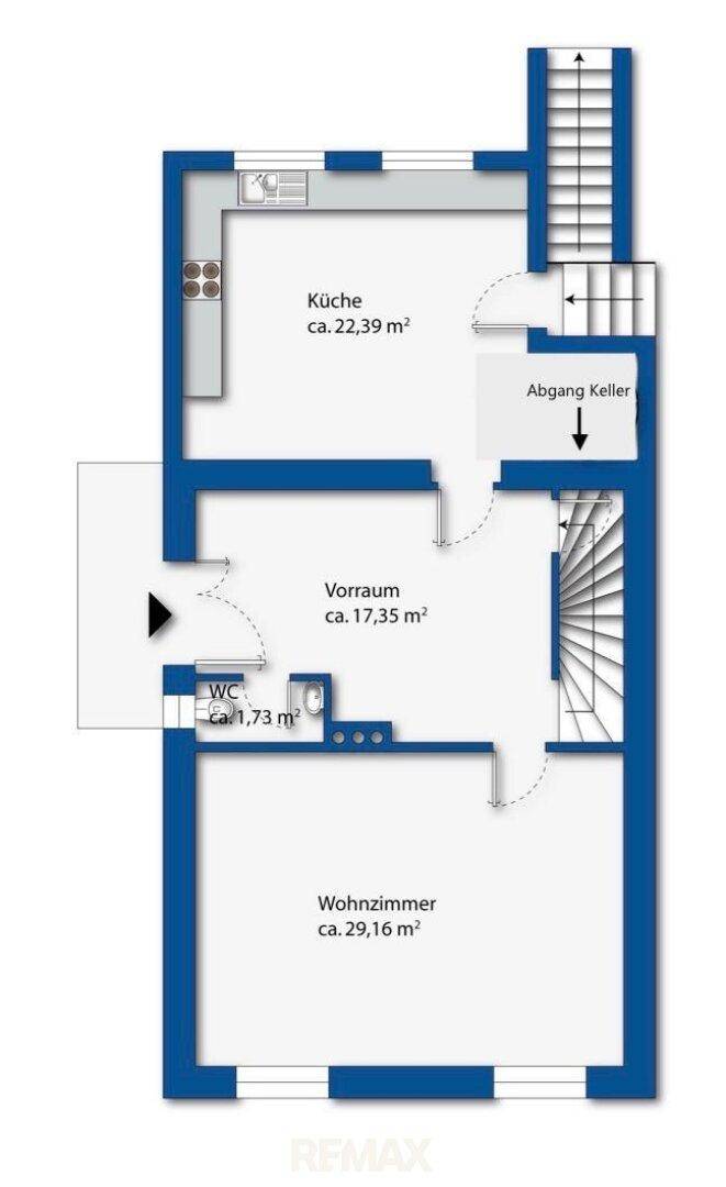 Grundriss des Erdgeschosses mit Küche, Wohnzimmer und separatem WC.