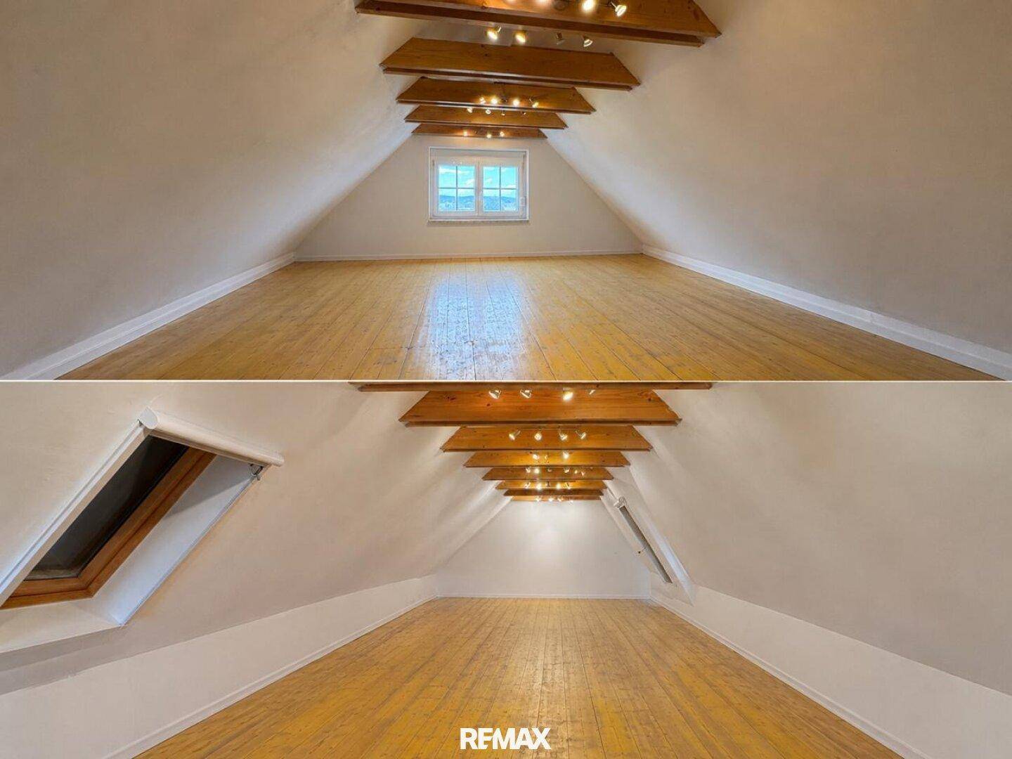 Ausgebauter Dachboden mit Holzbalken, Holzboden und Dachfenstern für viel Licht.