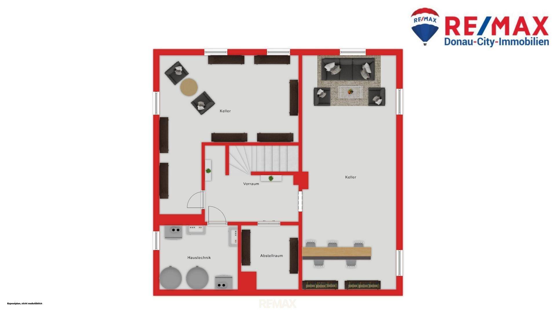 Grundriss des Kellergeschosses mit mehreren Räumen, ideal für Lagerung und Technik.