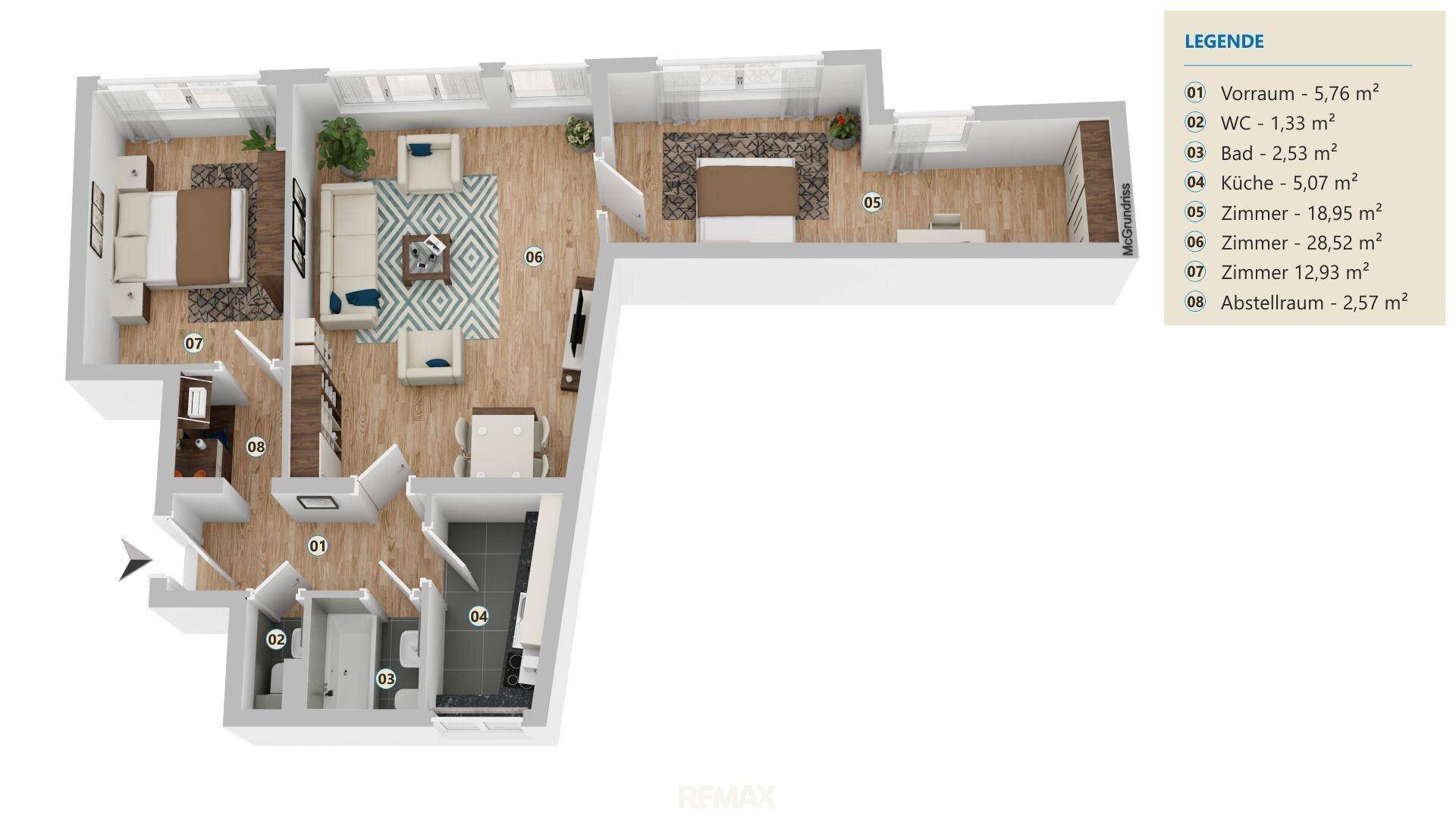 Detaillierter 3D-Grundriss einer Wohnung mit mehreren Zimmern und Flächenangaben.