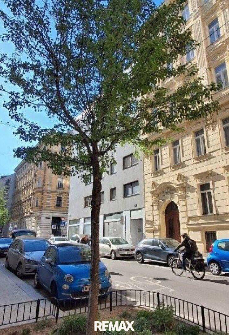 Stadtansicht mit historischen und modernen Gebäuden, parkenden Autos und einem Baum.